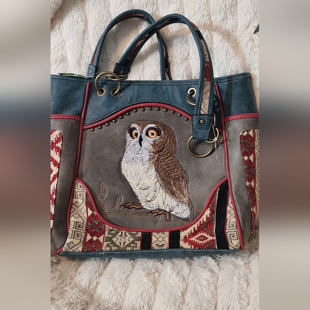 Owl Embroidered Tote Bag - Blue and Brown